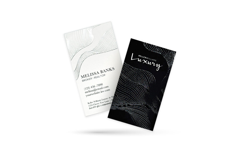 Vertical Black White Wave Spot UV Back Front Foil KW Luxury Business Card